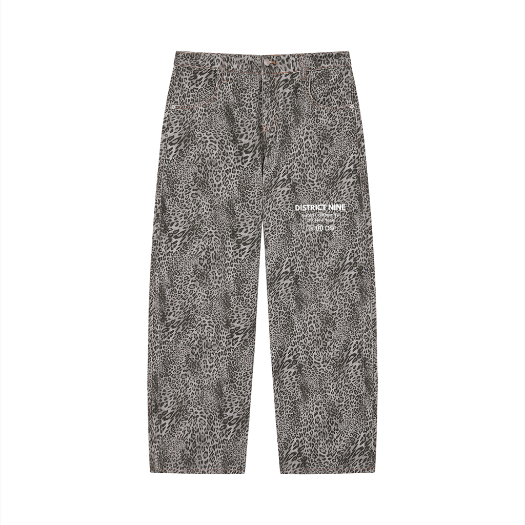 Unisex Vintage Wash Leopard Print Wide Leg Jeans