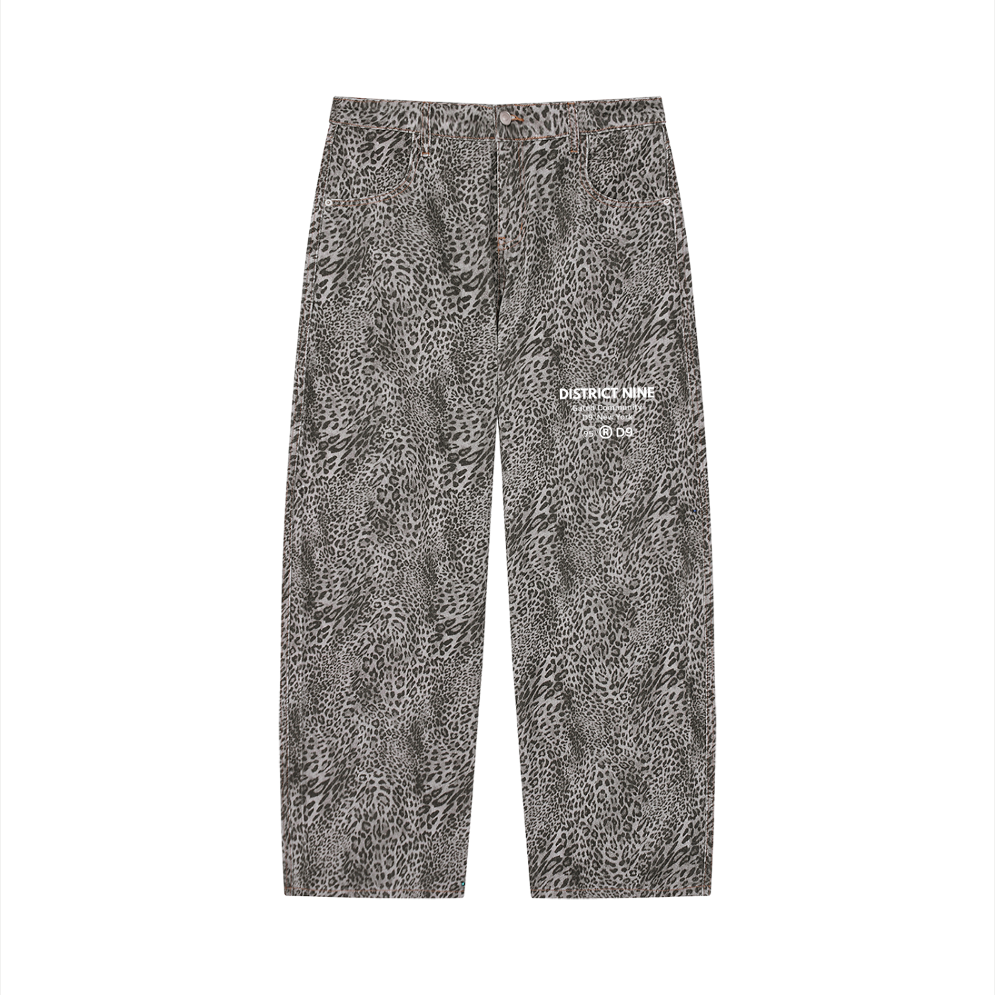 Unisex Vintage Wash Leopard Print Wide Leg Jeans