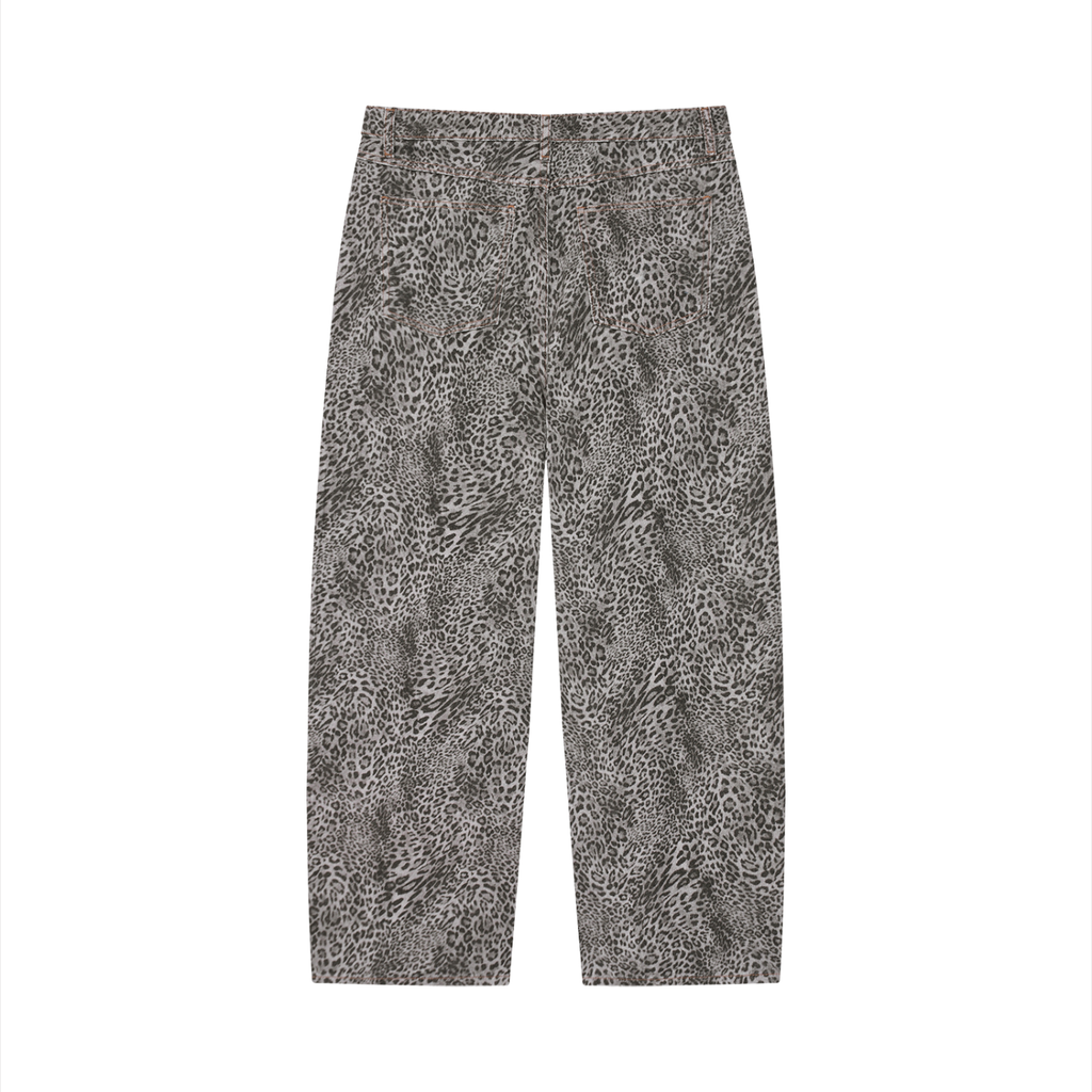 Unisex Vintage Wash Leopard Print Wide Leg Jeans